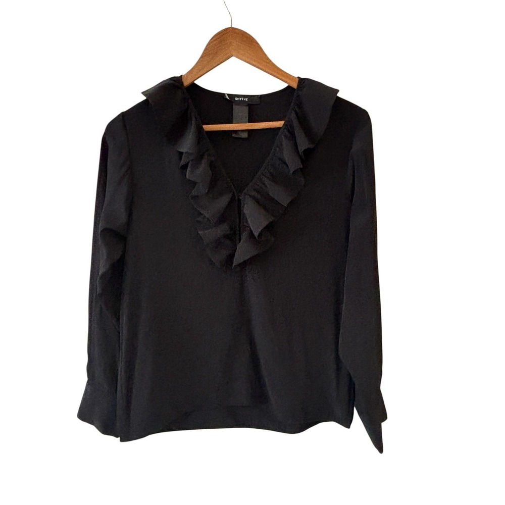 Smythe Ruffle V Neck Blouse Top Womens S‎ Black Long Sleeve Office Career